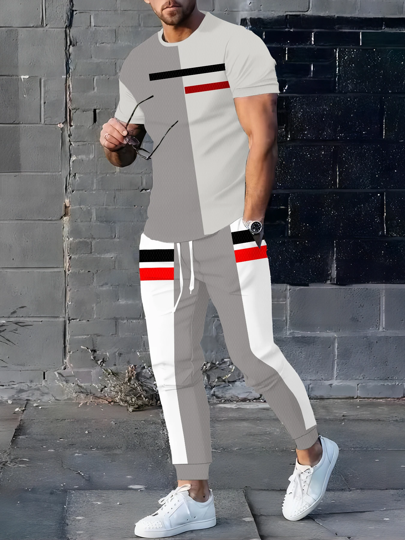 

Color-coded Letter Print Men's Suit Urban Street Trend Outdoor Casual Fashion Round Neck Long Sleeve T-shirt And Pants Suit