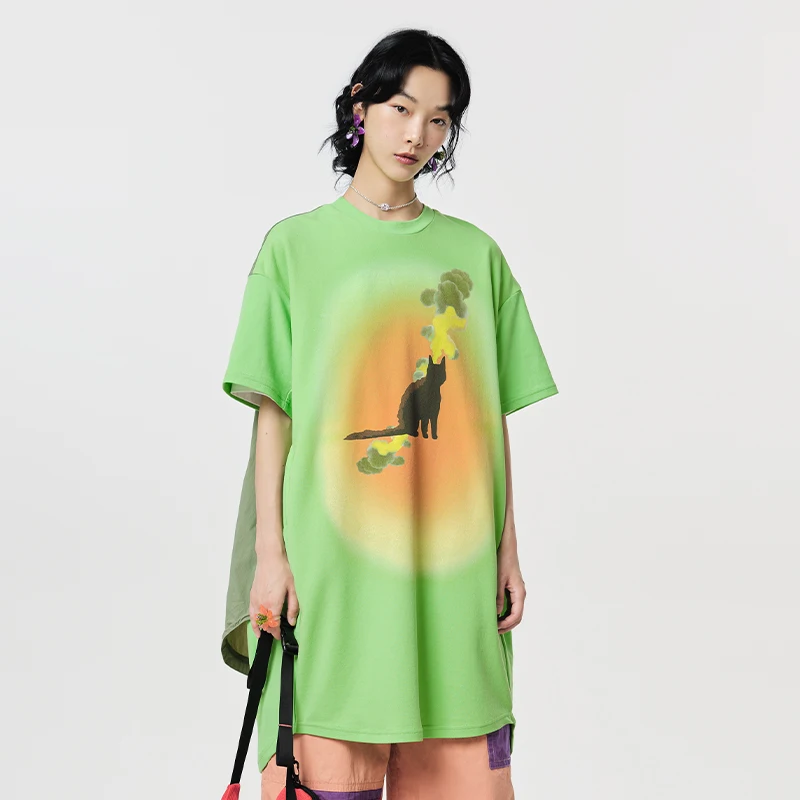 MOVEUP Short Sleeved Round Neck T-Shirt 2026 Spring New Art Print High-Low Hem Tees Casual Commuting Top For Women 124110544