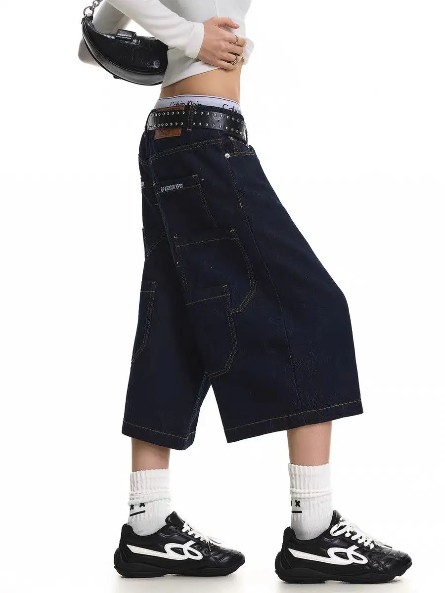 Summer Women's Multi-pocket Design Vintage Denim Shorts Y2k Cool Girl Wide Leg Pants Female Fashion Calf-length Trousers