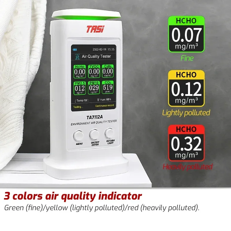 TASI 8 in 1 Air Quality Detector PM2.5 PM10 HCHO TVOC C6H6 CO2 Thermometer Formaldehyde Monitor Home Tester TA7112A