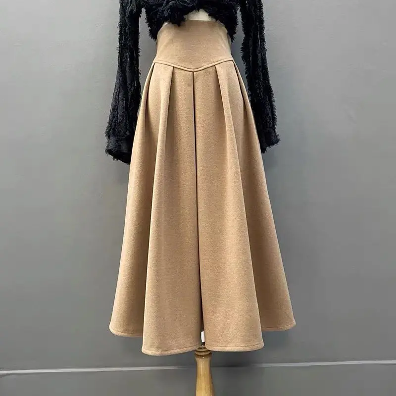

High Waist Patchwork Pleated Skirt Women Autumn Winter Simplicity Office Lady Skirt Fashion Temperament All-match A-line Skirt