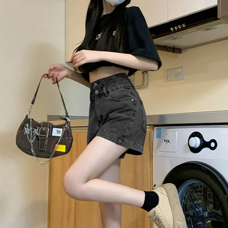 하이웨이스트 코튼 데님 반바지 여성 여름 루즈핏 슬리밍 와이드 레그 A라인 플러스 사이즈 핫팬츠 한국 스타일 NZ028