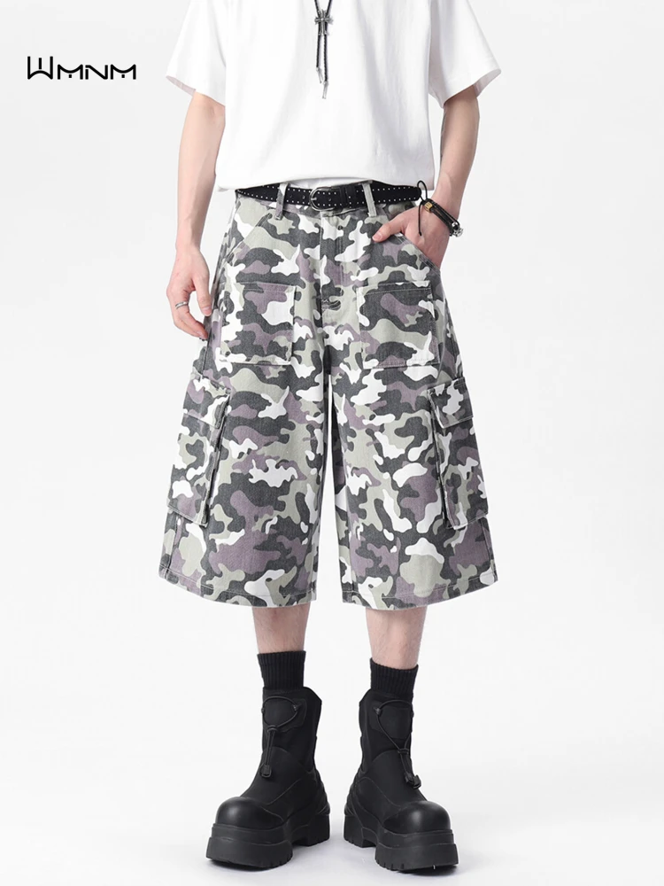 

Американские ретро-шорты из денима с камуфляжным принтом для мужчин, летние, модные, с высокой талией, широкими штанинами, множеством карманов, свободного кроя, длиной 7/8