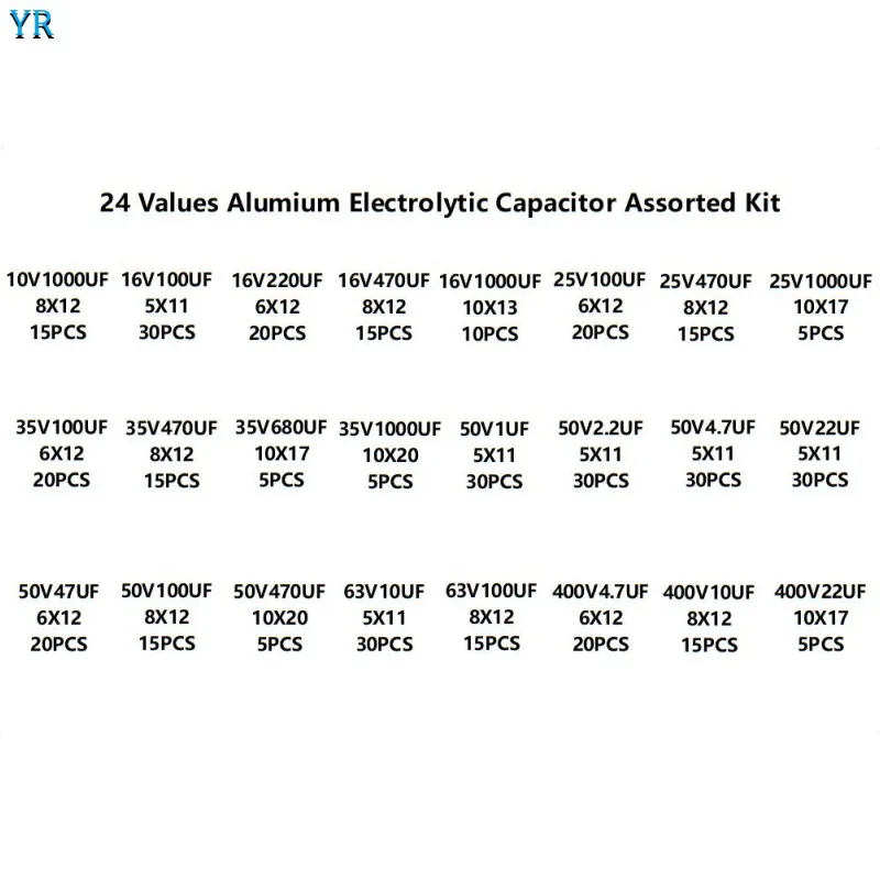 Kit de Capacitores Eletrolíticos de Alumínio, Capacitores Box Sortimento, 420 Unidades, 24 Valores, 10V-400V, 1uF-1000uF