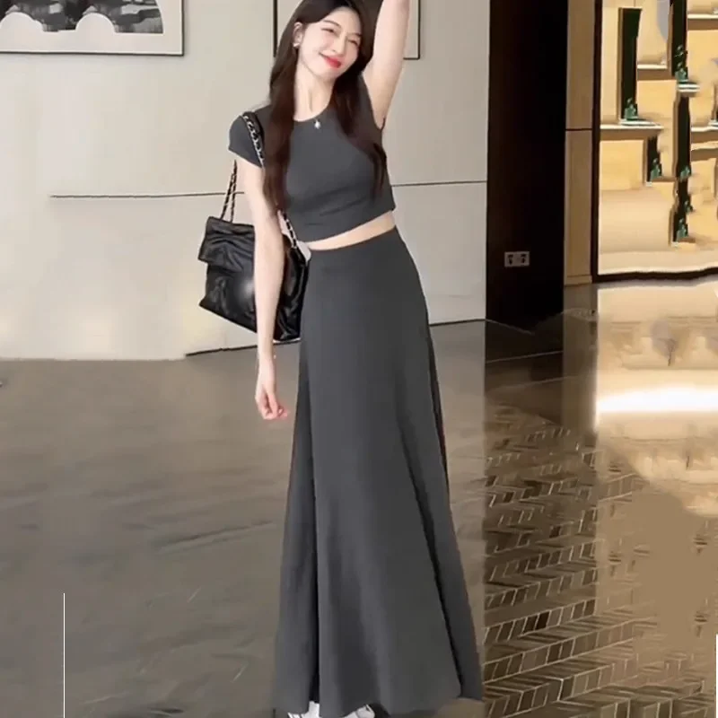 

New slim fit waist cinched short sleeved top+stylish high waisted skirt two-piece set Spring and summer