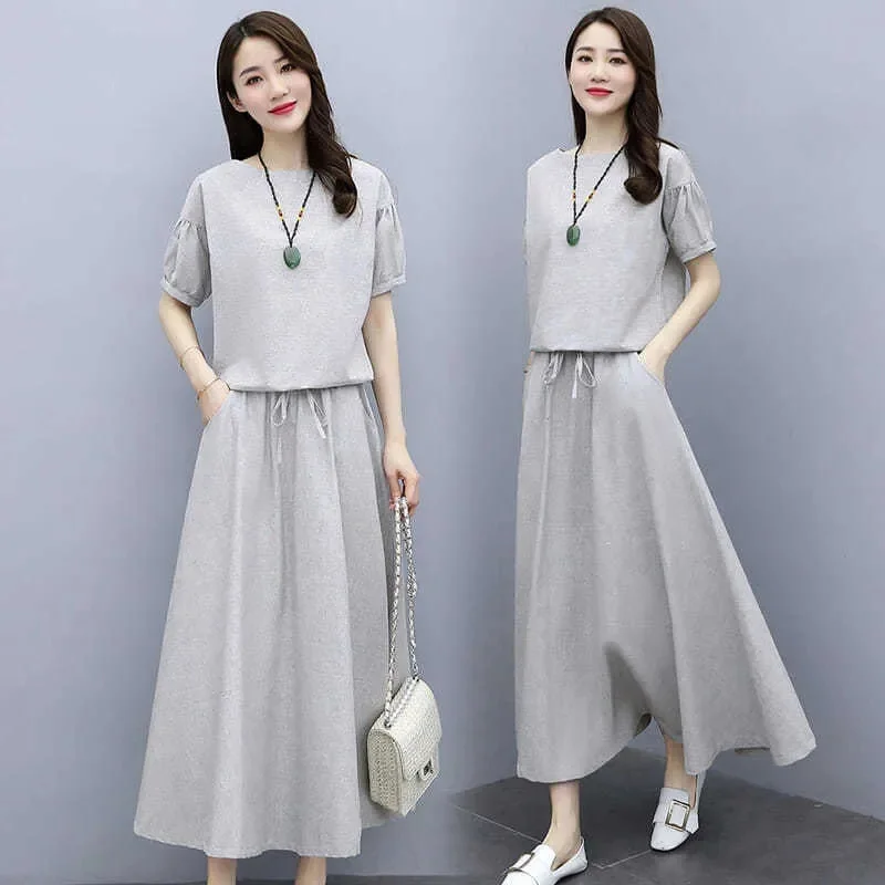 Cotton Linen Skirt Two-Piece Women\'s Summer 2024 New Set Slim Skirts Sleeve Suit Skirts Fashion 2PCS Temperament Female Outfit