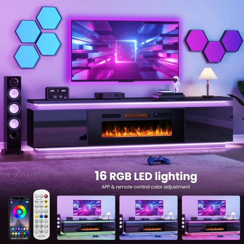 ตู้วางทีวีพร้อมเตาผิงขนาด 40 นิ้ว - ตู้วางทีวีพร้อมไฟ LED 2 ดวงสำหรับทีวีขนาด 90-95 นิ้ว - ศูนย์รวมความบันเทิงพร้อมเต้ารับไฟฟ้า 4 ช่อง