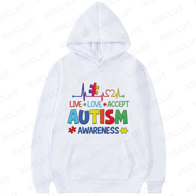 Woman Hoodies Live Love Accept Autism Awareness Y2k Clothes Awareness Month Hoody Long Sleeve Sweatshirts Outerwears Hooded