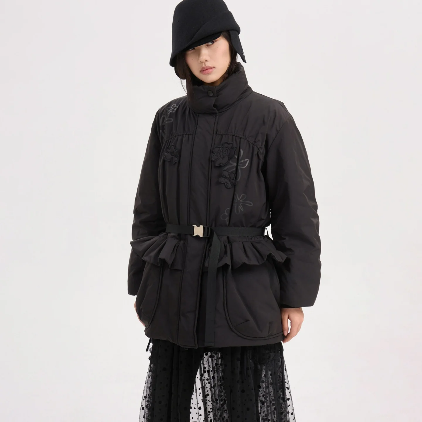 

Утепленное пальто с цветочным принтом, воротником-стойкой, поясом, универсальное, для повседневной носки, в корейском стиле, белое, на молнии, длинное, очень теплое