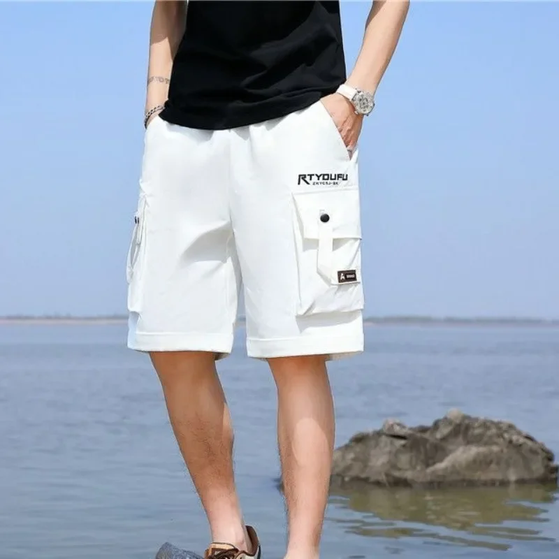 

Однотонные мужские шорты-карго с эластичной резинкой на талии, свободные полус шнурком, широкие длинные короткие брюки для мужчин, мешковатые бермуды с карманами, винтажные