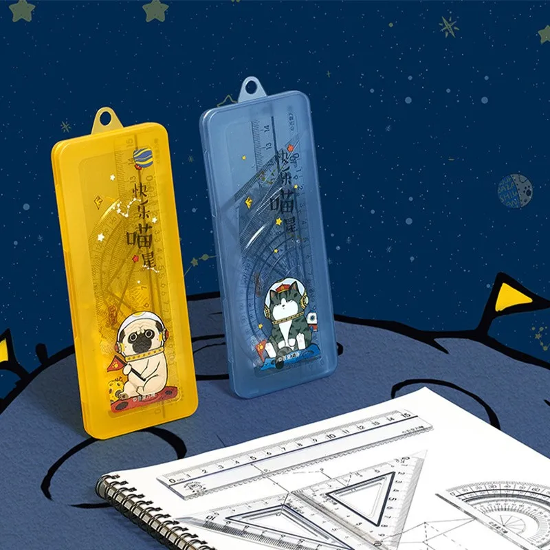 4pcs Cartoon Ruler Set Plastic Geometry Maths Drawing Compass Stationery Rulers Mathematical For School Boy Girl Stationery Gift