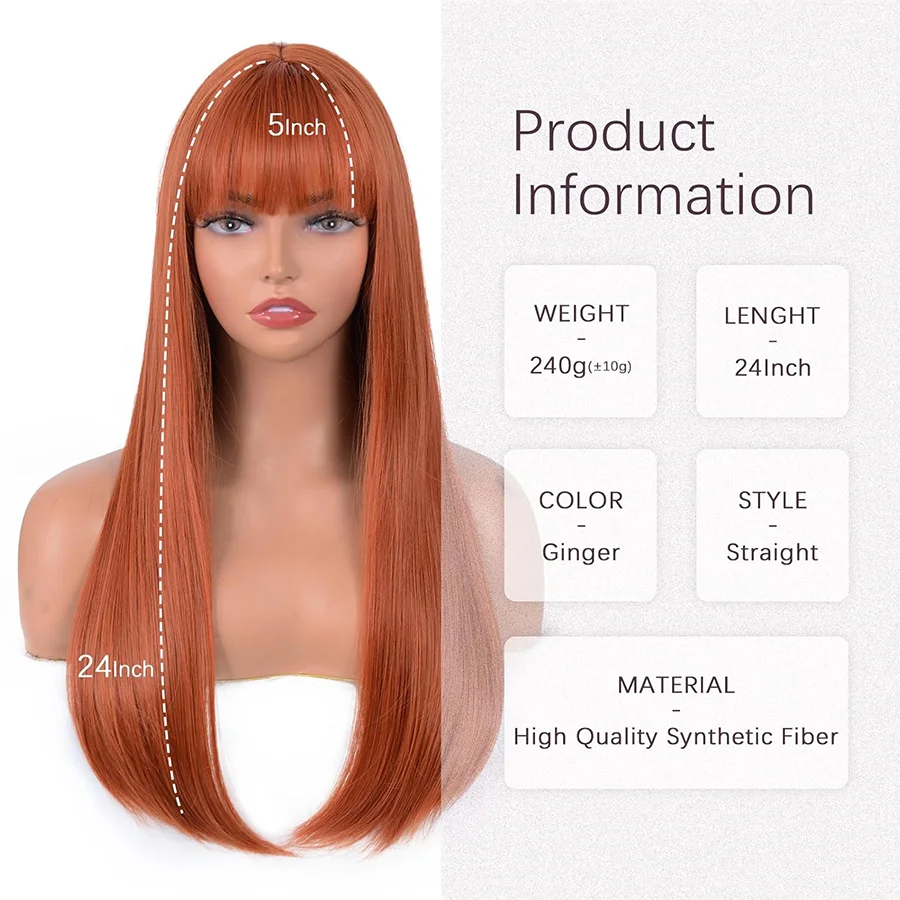 24inch Ginger Wig with Bangs Long Straight Orange Wig Natural Looking Synthetic Wig,Suitable for Daily Halloween
