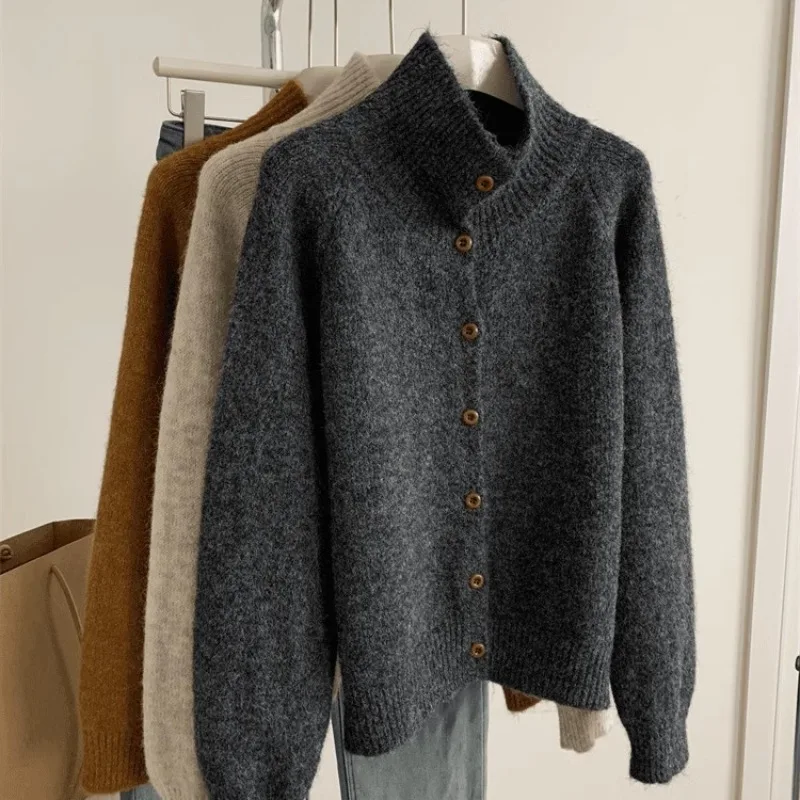 

Premium Stand-up Neck Knitted Cardigan Jacket Top Women's Autumn and Winter Soft Waxy Lazy Gray with Turtleneck Button Sweater