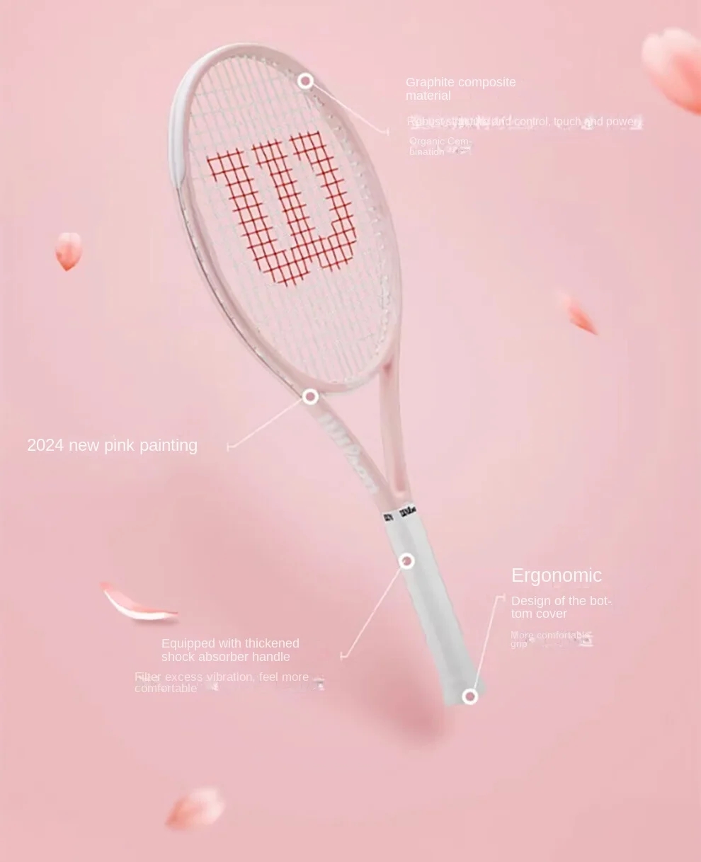 Wilson 2024 New Floral Pink Tennis Racket for Girls Beginner Full Carbon Racket Adult Advanced Racket