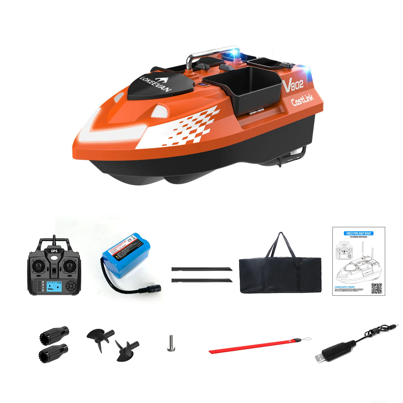 V802 PRO GPS Angelköderboot mit 4 Ködersilos + BeiDou-Positionierung, 160 Angelstellen, 500m Reichweite, Dual-Drive, Smart Cruise Return Trawler