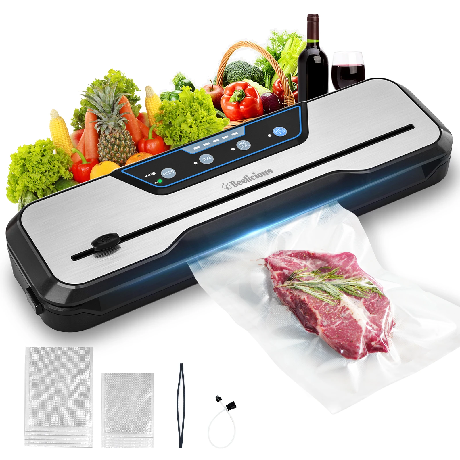 

Beelicious Food Saver Автоматический вакуумный упаковщик, 75000 Па, сильный, с 10 пакетами и встроенным резаком, компактный дизайн для Sous Vide