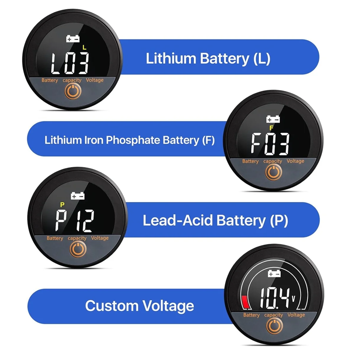 ABNJ 12V 24V 48V 60V 84V Waterproof IP67 Battery Capacity Voltage Meter with Backlight LCD and Low-Voltage Alarm for Lithium