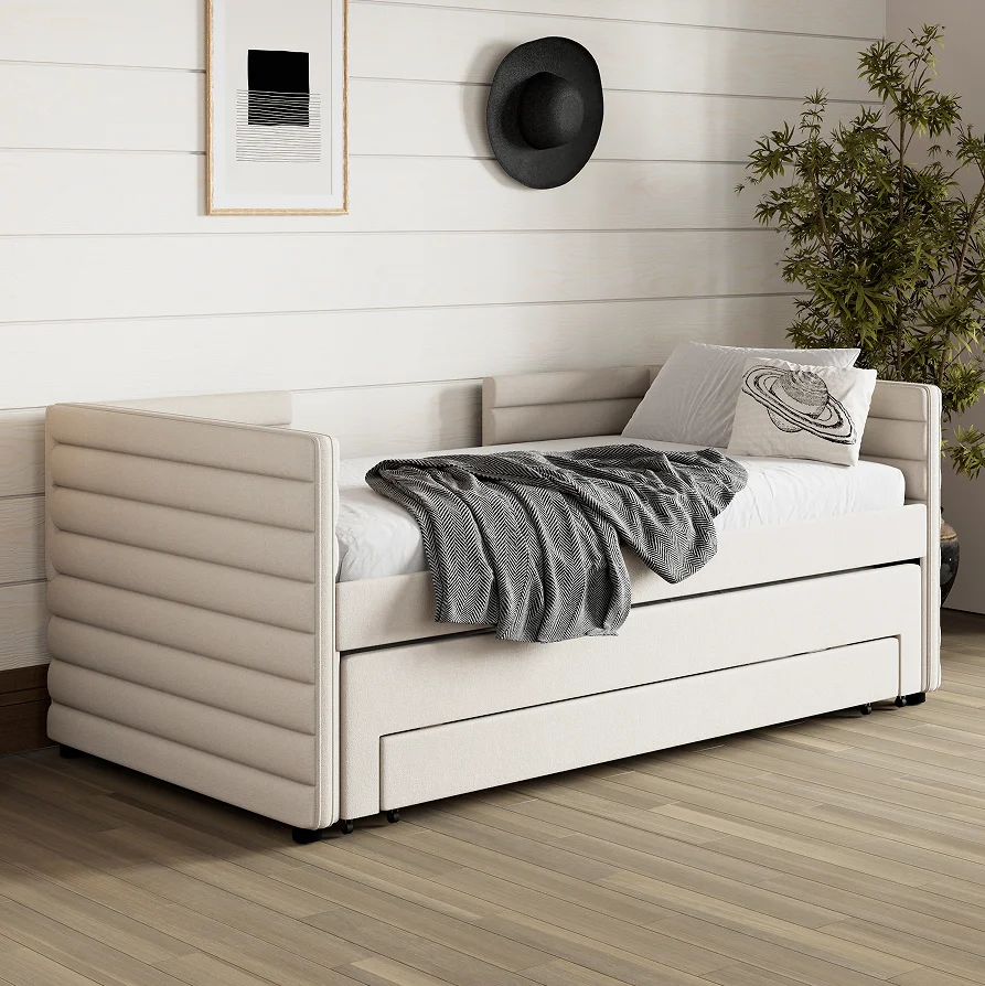 ！@Modern Adjustable Twin Size Upholstered Velvet Daybed Trundle 3 Storage Drawers Short-haired Sofa Bed for Guest Room Living Ro