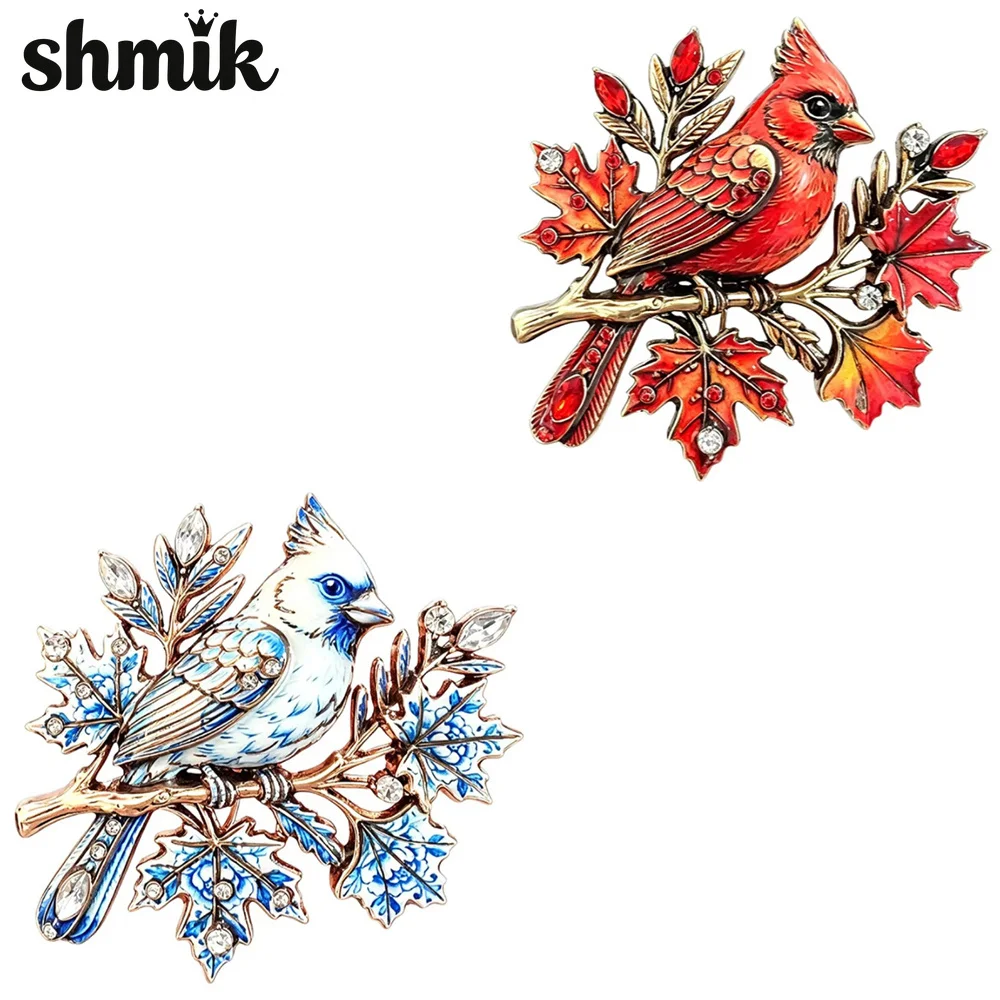 Retro Bird Enamel Brooch, Rhinestone Cardinal Lapel Pin, Maple Leaf Corsage, Women Vintage Jewelry for Coat Scarf Gift