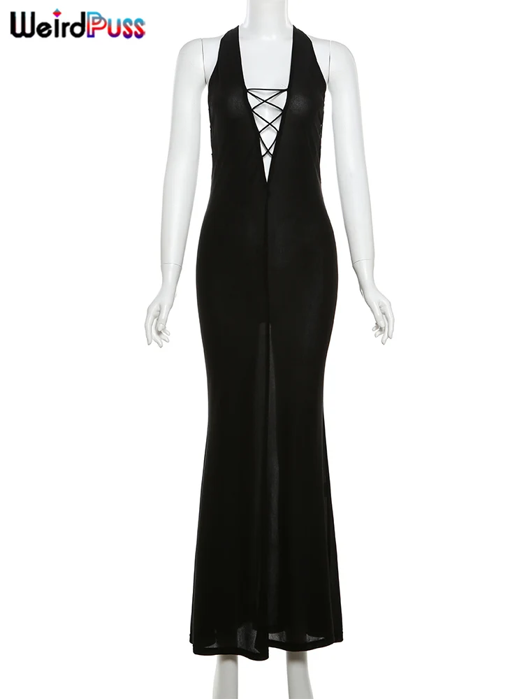 Weird Puss Hollow Bandage Dress Woman Summer Sexy Backless Solid See Through Deep V-Neck Halter Party Clubwear Skinny Vestidos