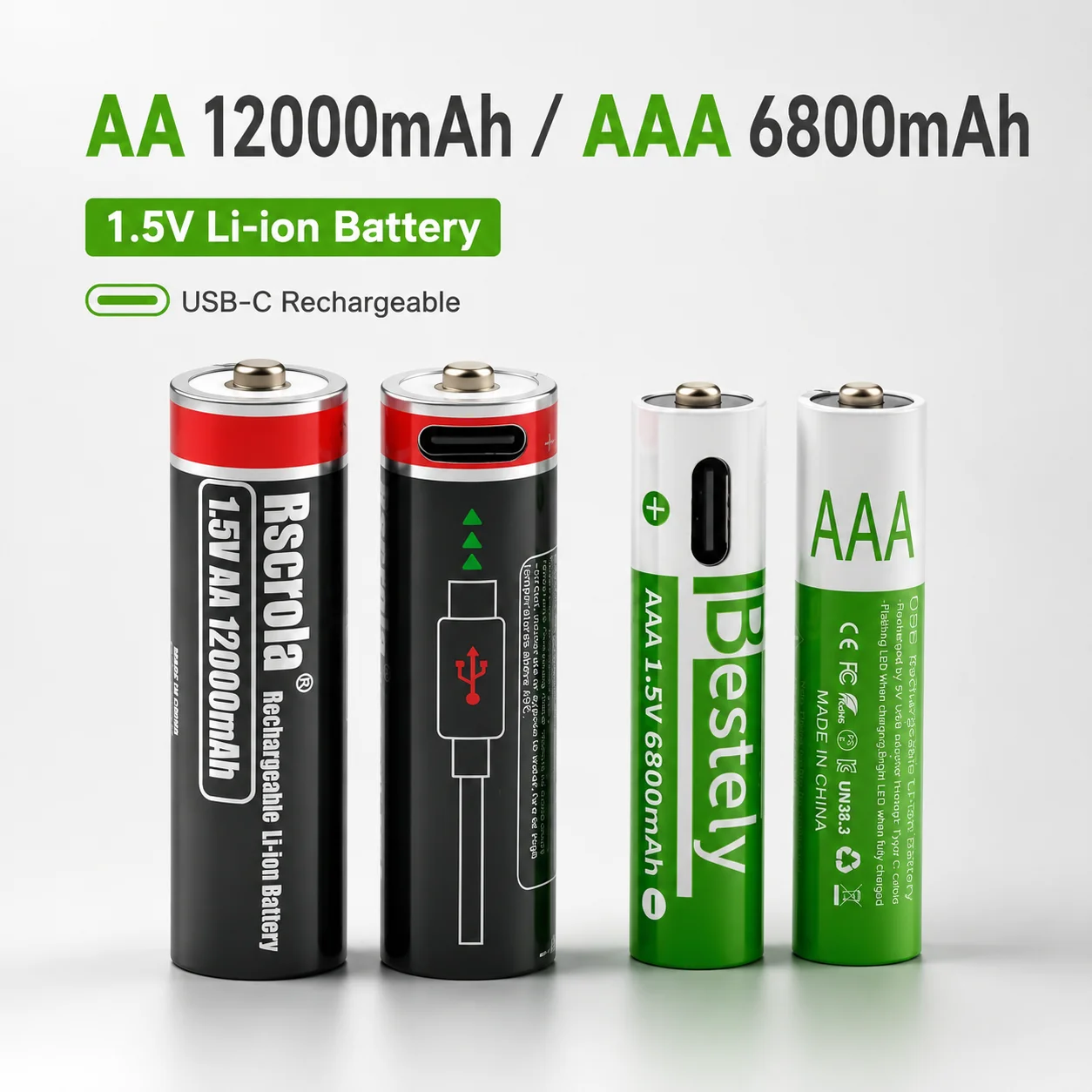 USB-C Wiederaufladbare AA AAA Lithium-Batterien 1,5V Li-Ionen-Akkus 12000mAh 6800mAh Konstantspannung Schnellladung für Spielzeug und Uhren