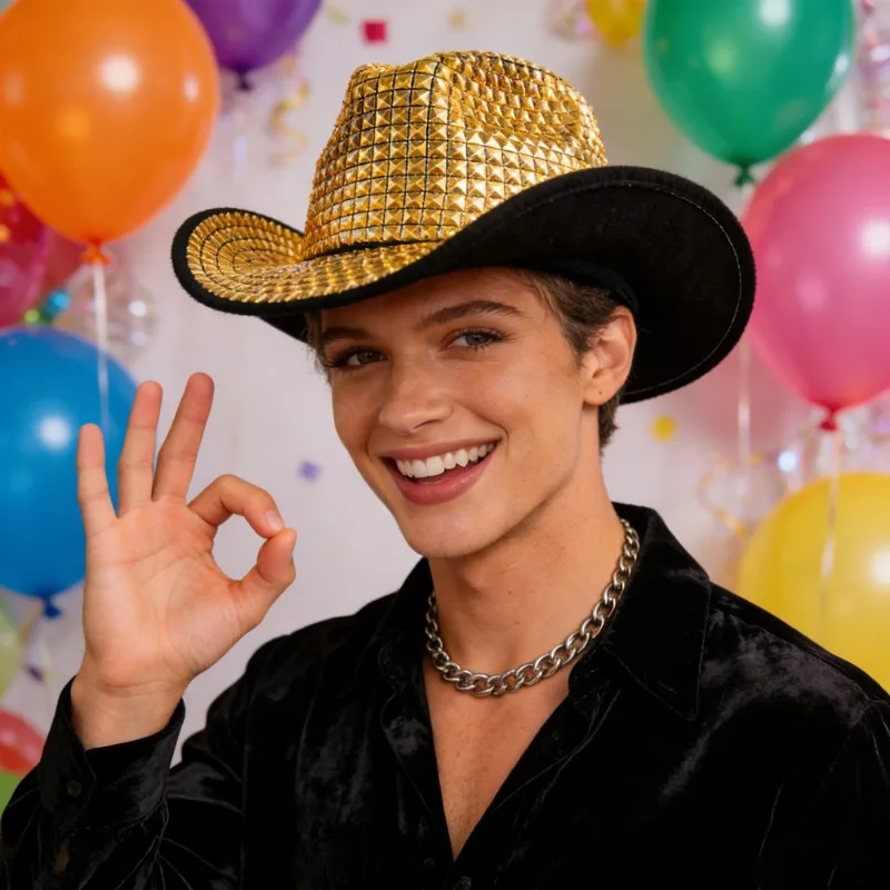 Unisex Sequins Rhinestone Punk Hat Curved Brim Hip Hop Dance Cap Party Jazz Cowboy Hat For Wholesale