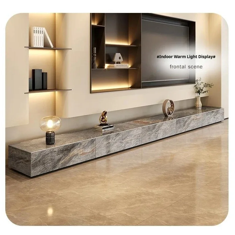 Glossy Grey Stone TV Platform, Italian Minimalist Media Console, EO Eco-Friendly&Large Storage, Durable&Easy Clean, Customizable