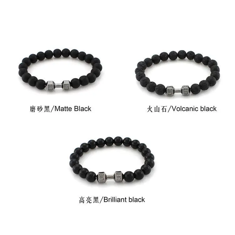 Natural Black Lava Stone Dumbbell Charms Bracelet black Matte Beads Bracelets For Women Men Fitness Barbell Jewelry Pulseras