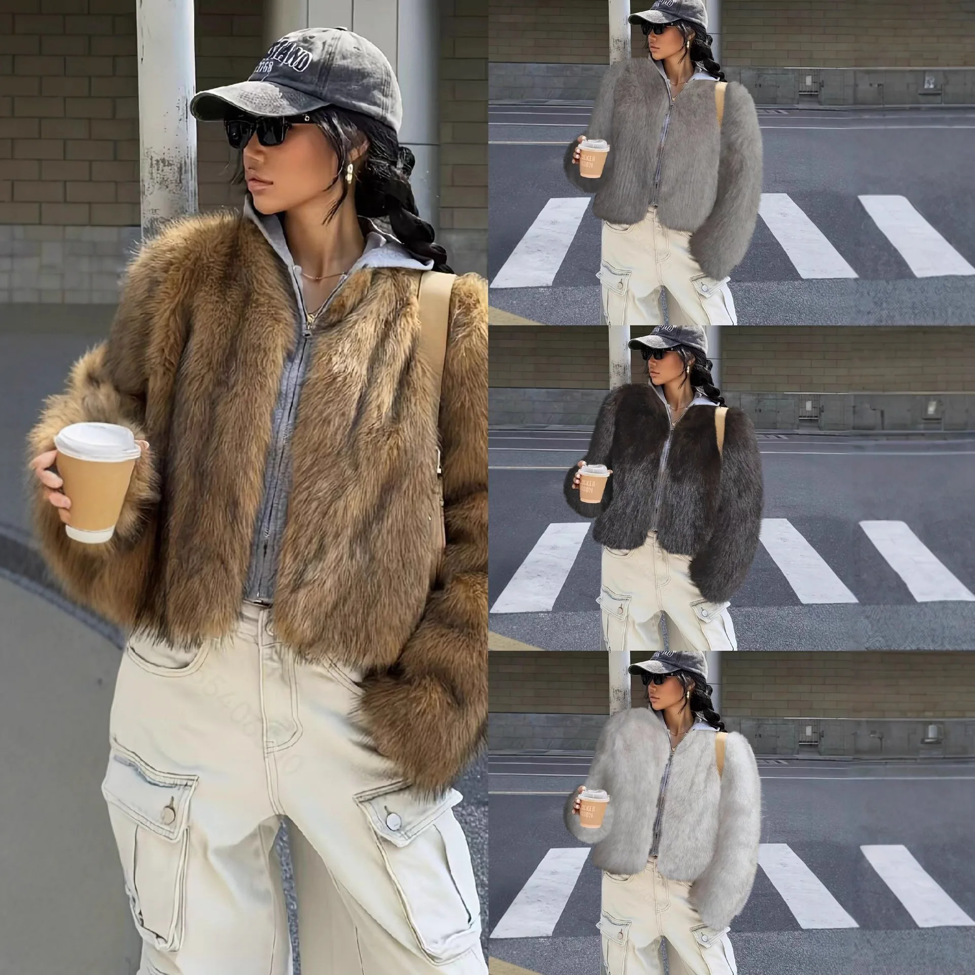 Brown Faux Fur Women's Autumn Winter New Light Luxury Plush Long Sleeve Short Coat