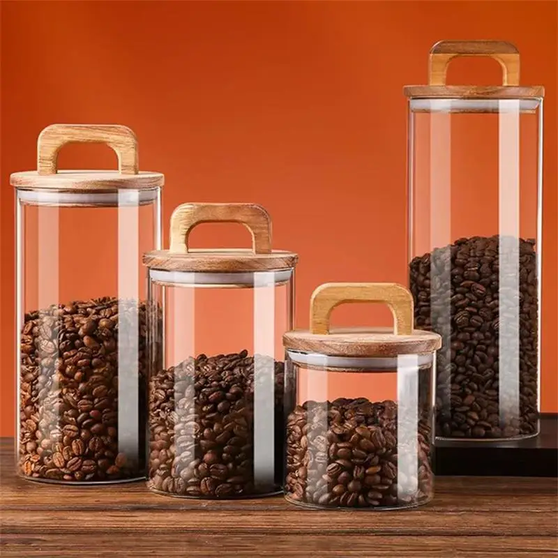 Clear Glass Jar with Bamboo Lid Sealed Canister Food Storage Container for Loose Tea Coffee Bean Sugar Salt Kitchen Gadgets