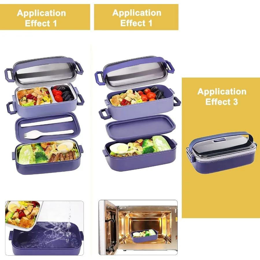 صندوق بينتو من الفولاذ المقاوم للصدأ للبالغين: صندوق غداء ياباني مانع للتسرب مع تخزين طعام مقسم، تصميم مكون من طبقتين مثاليين