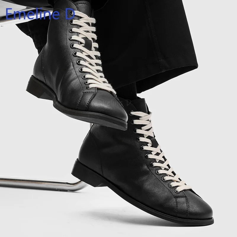 Men Retro High Top Leather Ankle Boots Full Lace Up Plush Lining Warm Inner Layer Flat Sole Minimalist Fashion Casual Footwear