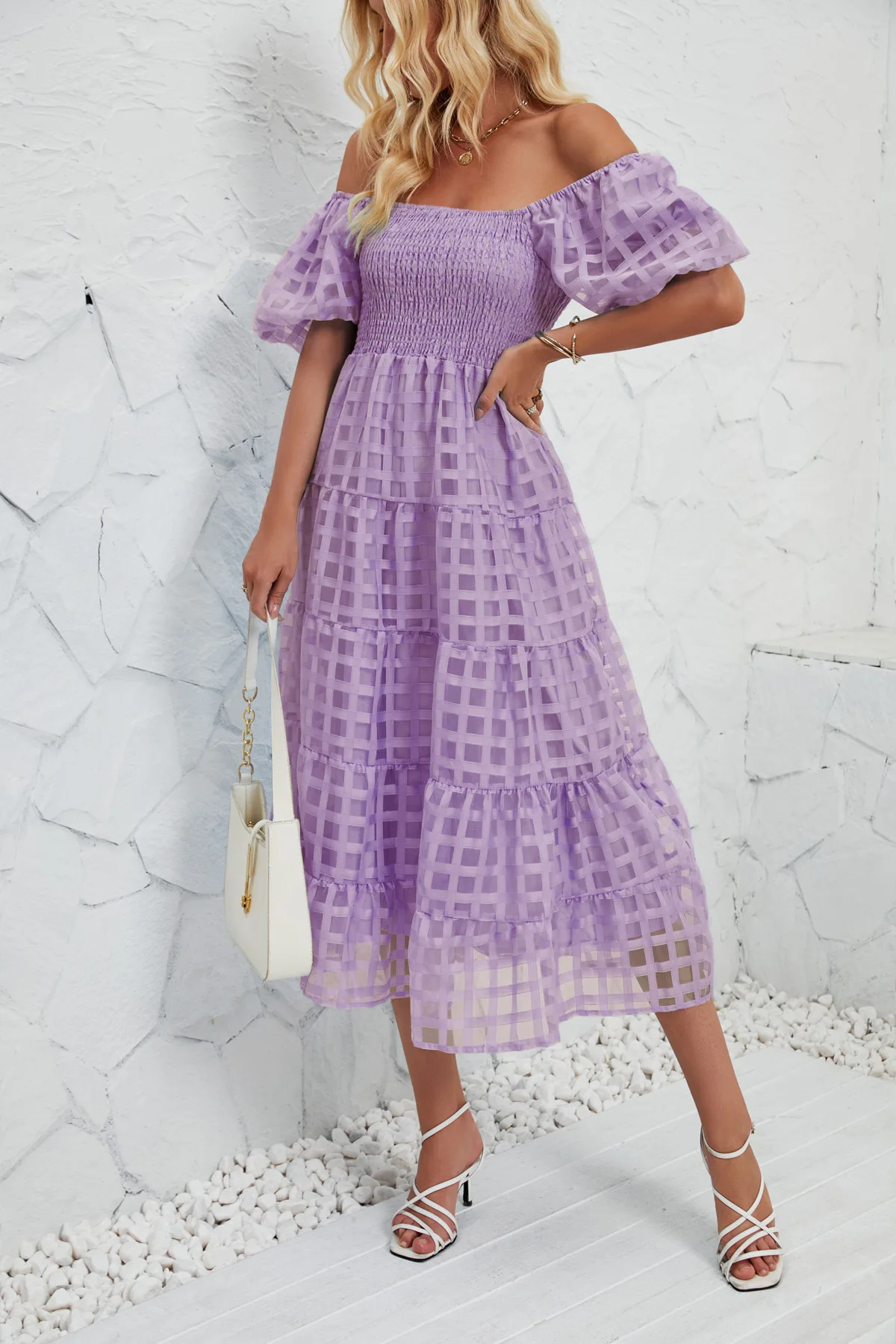 2025 verão feminino vestido longo bolha manga curta flutuante em camadas praia saia evasê