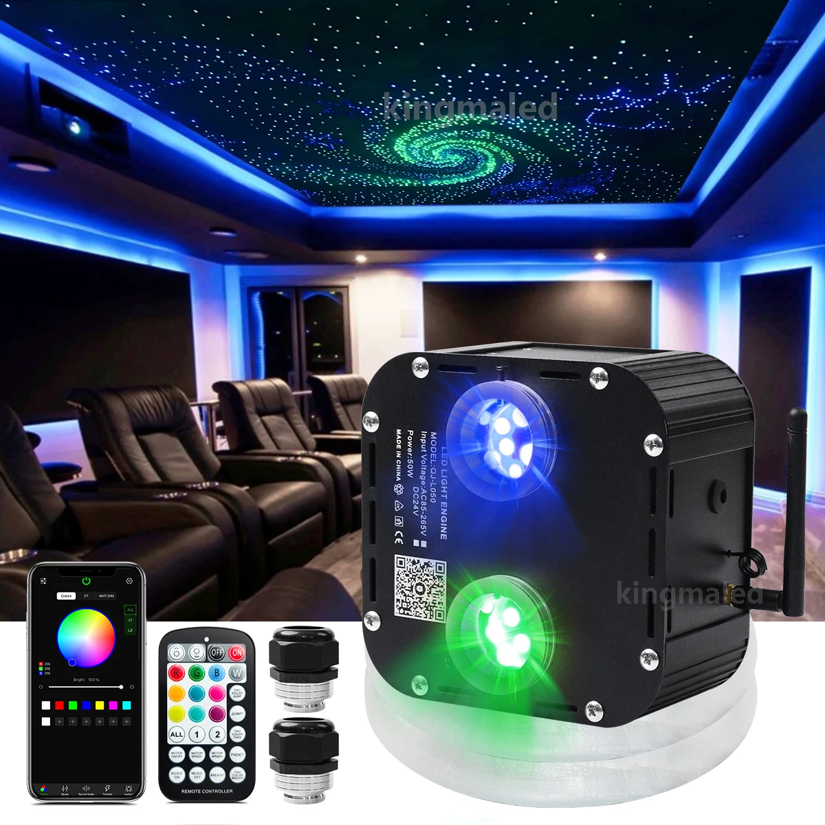 

Dual Head 50W RGBW 4-speed Twinkle Fiber Optic Light Starry Sky Ceiling Light Kit APP Music RF controller Ceiling Stars Lights