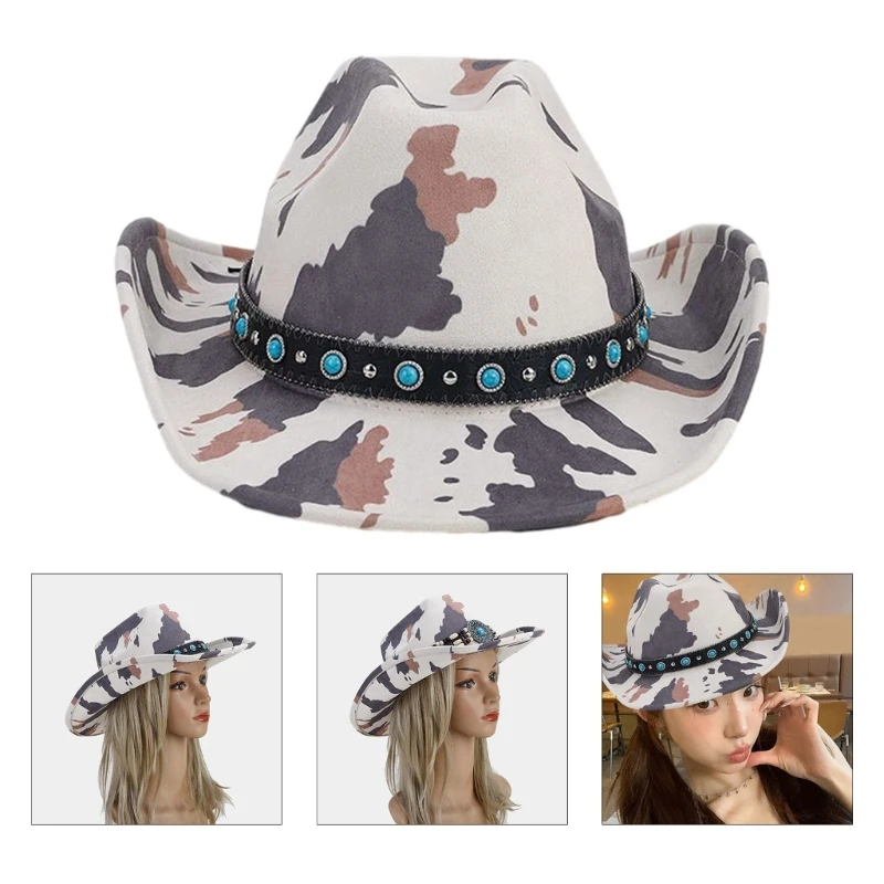 

Breathable Fedoras Hat Woman Men Felt Cowboy Hat Thicken Cow Print Pattern Hat M6CD