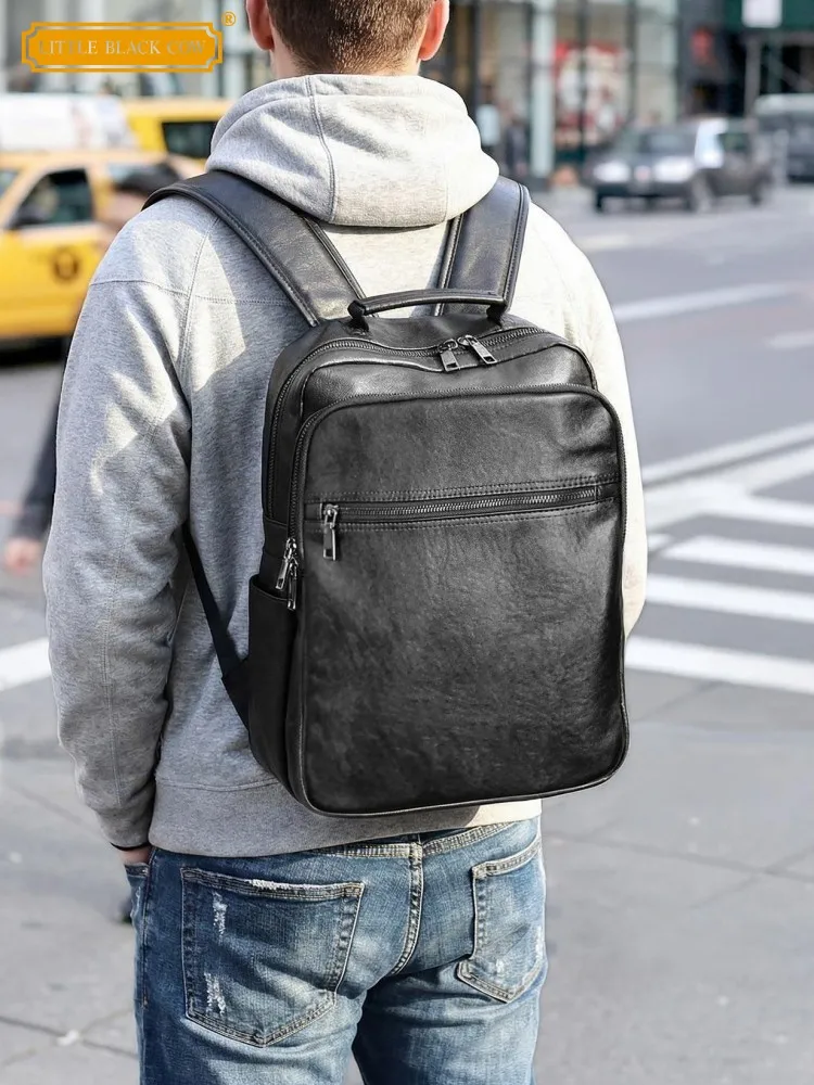 Black Genuine Leather School Satchel Male Casual Bag Zipper Soft Cowhide Large Capacity Travel Bags Unisex Fashion Backpacks