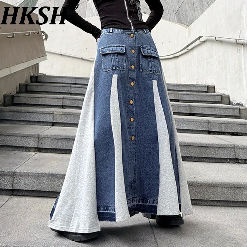 HKSH Women Chic Skirt Color Block Patchwork Denim Buttoned Pockets Versatile A-line Retro Tide Ins Y2K Skirts New Spring HK19710