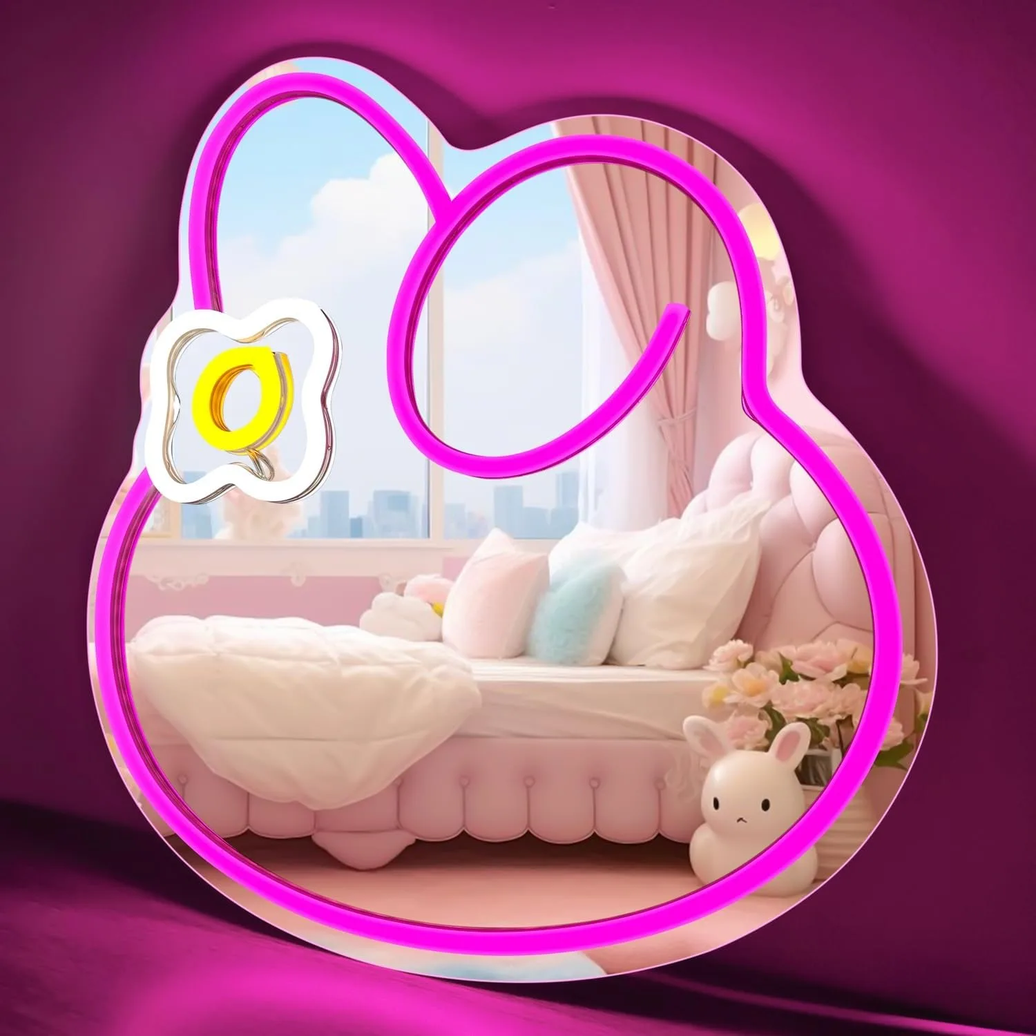 Bunny Mirror Surface Neon Sign USB Powered Dimmable Applies to Dressing Table Bedroom Dressing Room Living Room Wall Decoration