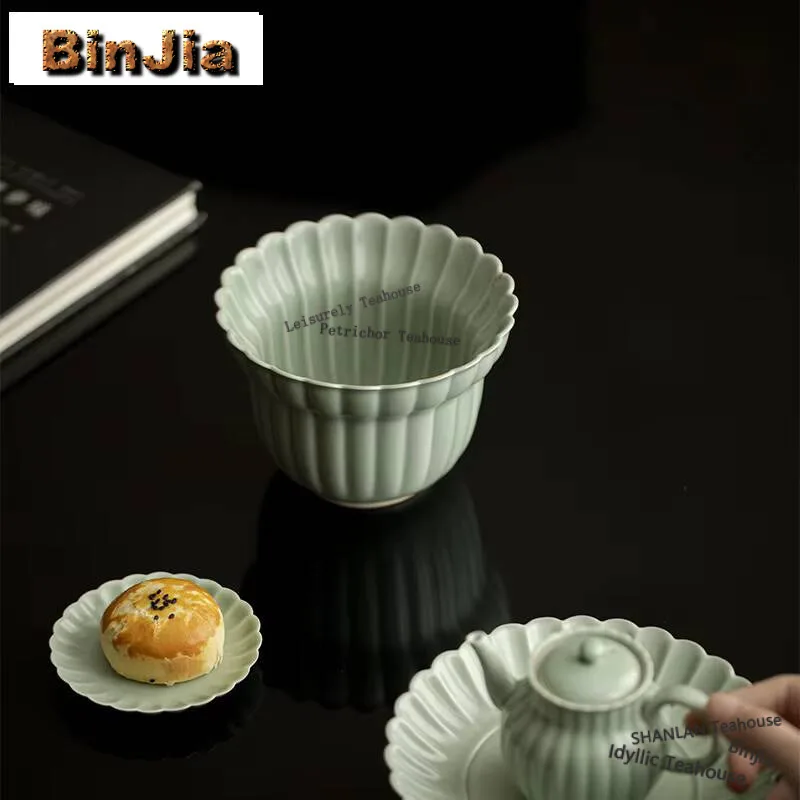 500ml Bean Green Glaze Tea Washing Basin Chrysanthemum Petal Jianshui Tea Wash Writing-brush Washer Tea Residue Barrel Chaxi
