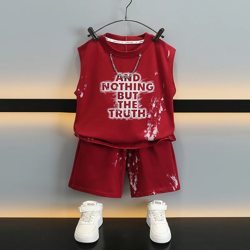 

Летний хлопковый комплект без рукавов для мальчиков, модная детская одежда, комплект из двух предметов из чистого хлопка, модная футболка с короткими рукавами и шорты