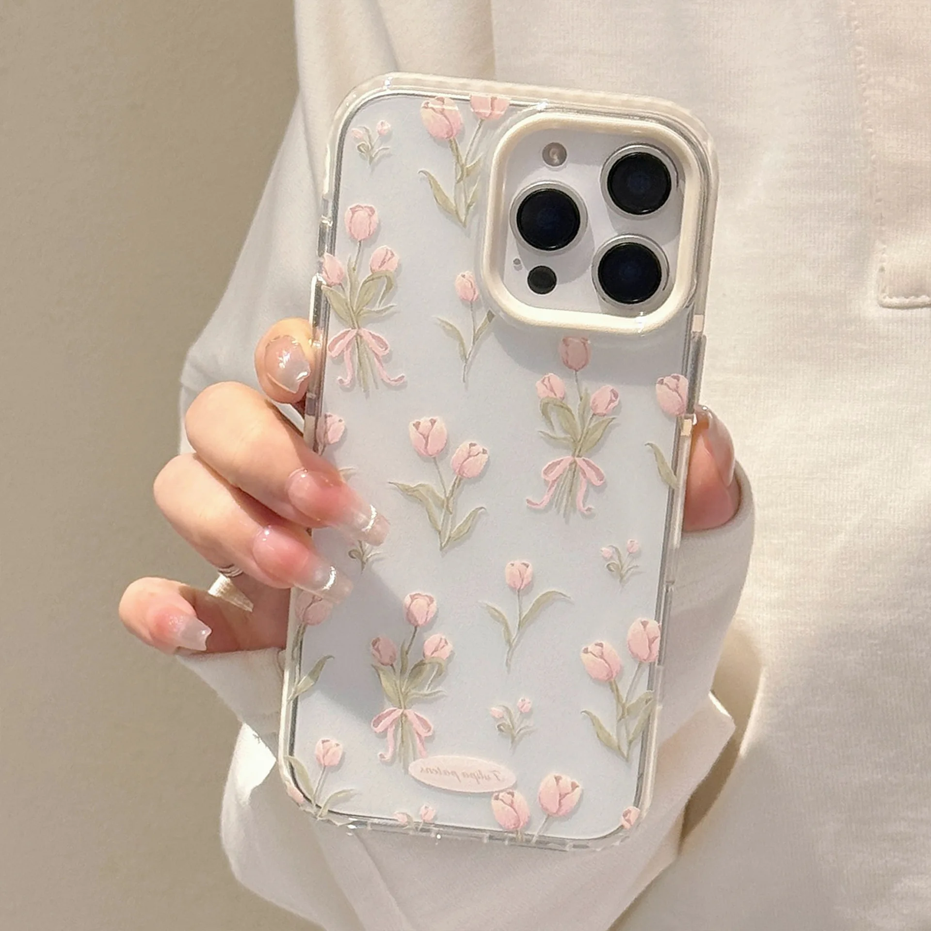 Korean Full Screen Pink Tulip Flowers Phone Case for iPhone 17 16 15 14 13 12 Pro Max Transparent Shockproof Protective Cover view 6