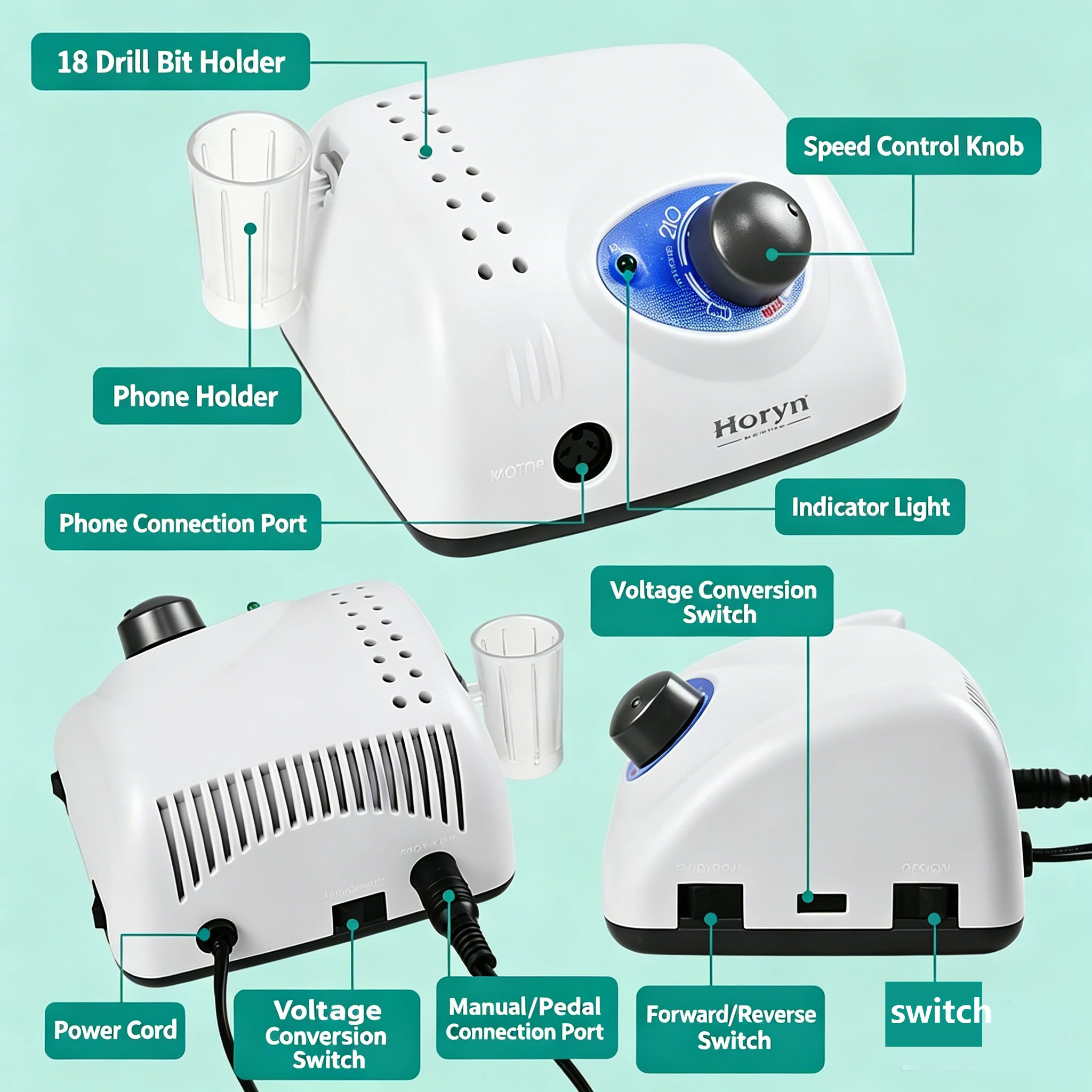 Horyndent Multifunctional Manicure Grinder Engraving polishing machine 210 Controller 35000rpm 102/102L/102LN/105L/108e handle