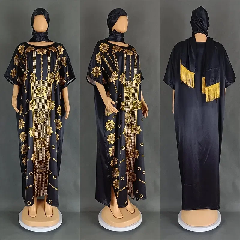 African Dresses For Women Dashiki Satin Maxi Dress 2025 Spring Summer Muslim Fashion Abaya Traditional Africa Clothing Fairy