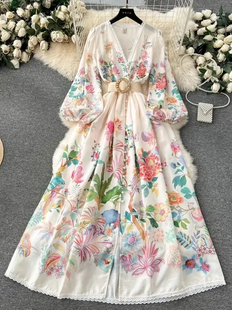 New Autumn Floral Holiday Maxi Dress Women Sexy Long Lantern Sleeve Sashes Lace Party Dress Female Elegant Trims Embroidery Robe