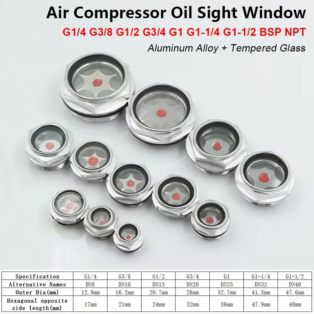 1Pcs G1/4 G3/8 G1/2 G3/4 Oil Sight Window G1 G1-1/4 G1-1/2 BSP NPT Aluminum Oil Level Sight Glass Male Thread Tempered Glass