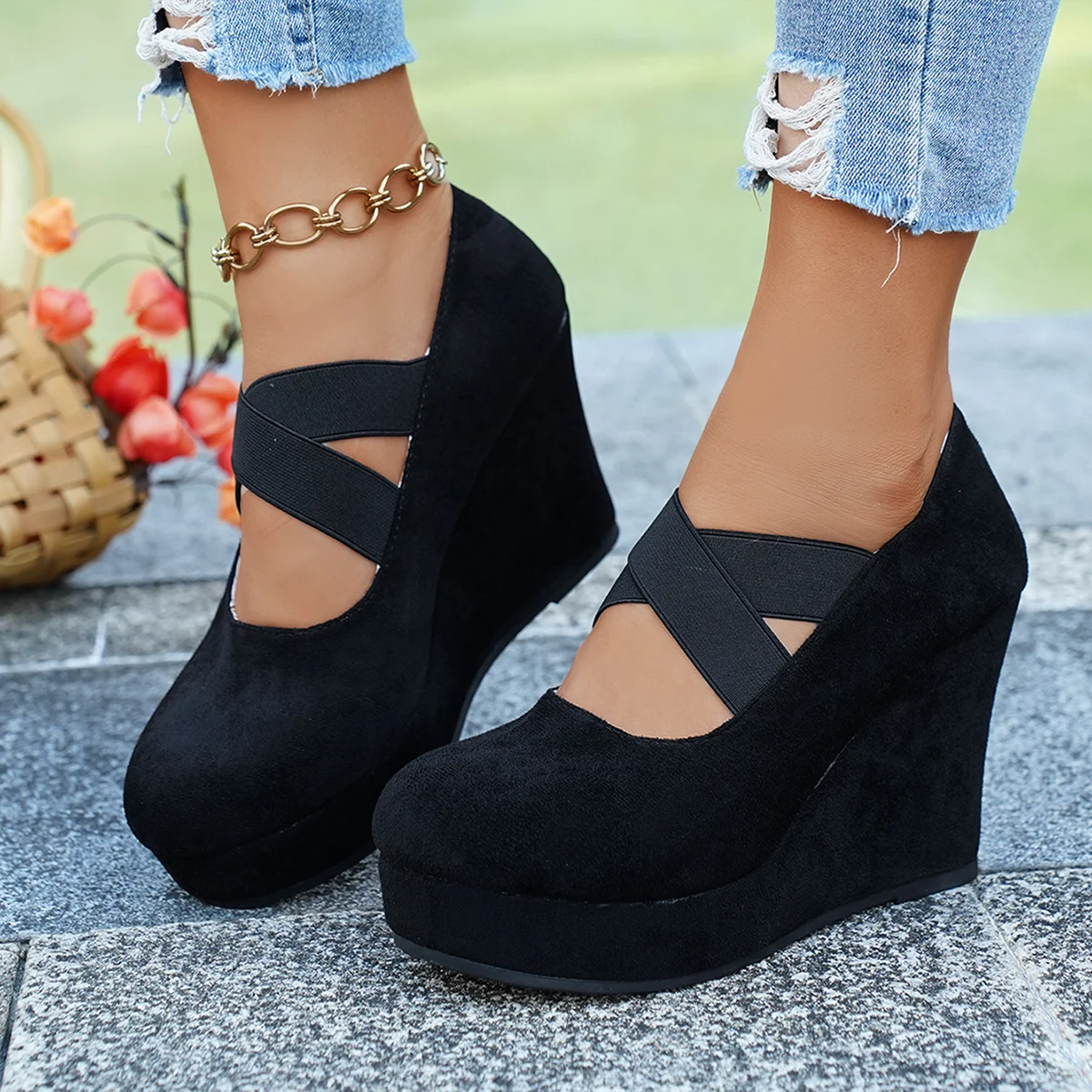 Women Round Toe Wedges Heels Pumps Strap Solid Color High Heels Shoes High Comfortable Casual Platform Shoes for Women Big Size
