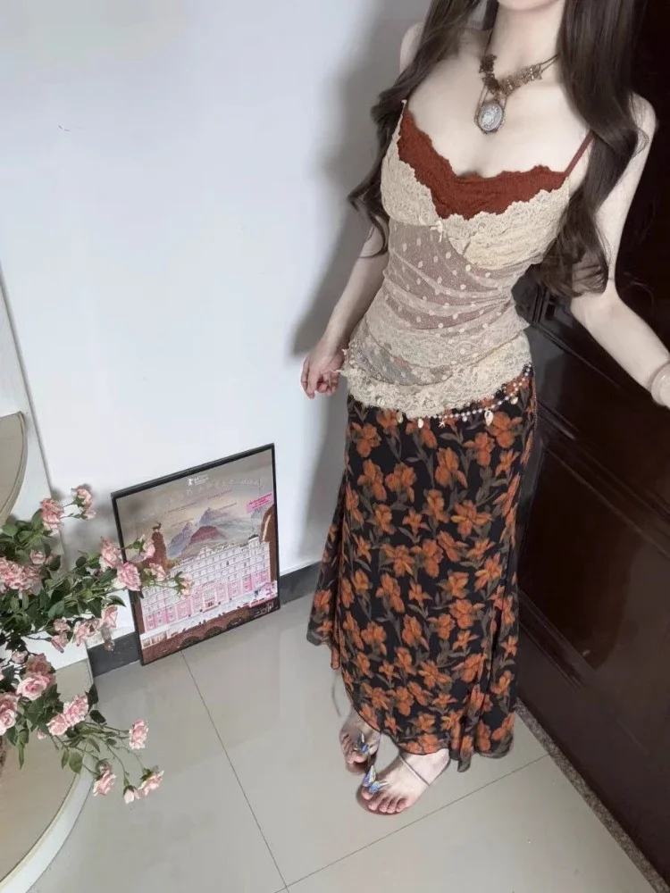 

Y2k Эстетический комплект из двух предметов Женский искусственный кружевной сексуальный топ на бретелях + юбки с высокой талией и винтажным принтом Костюм феи в стиле гранж