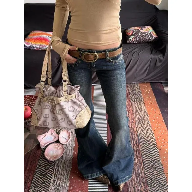 

Summer r Low Waist Embroidered Rhinestone Rivet Stretch Denim Pant Retro American Flared Jeans Women's Slim Fit Non-Matching
