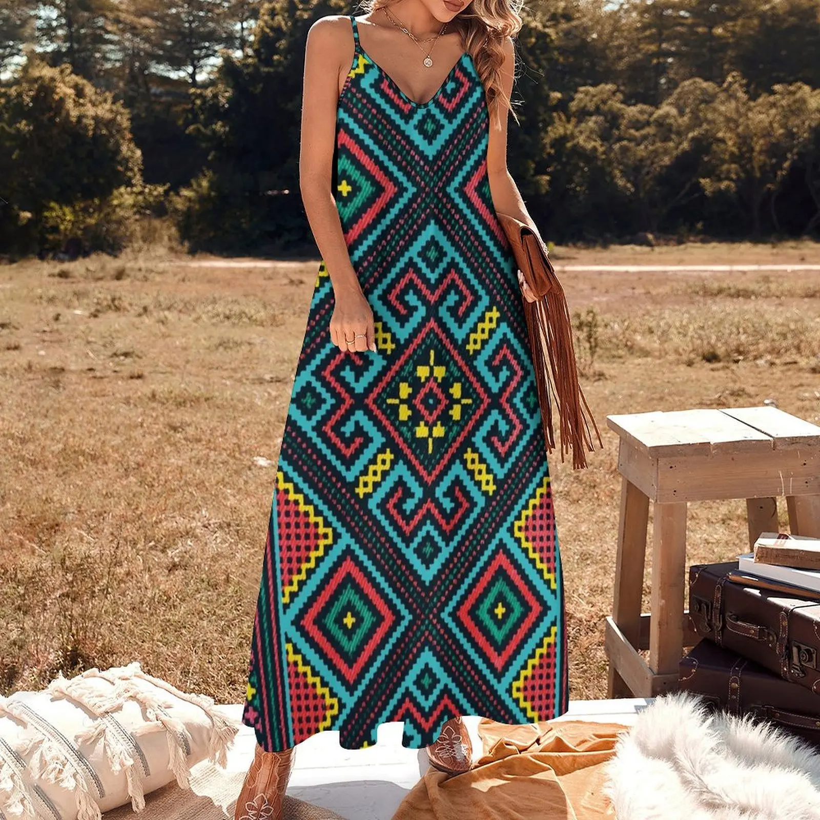 Bright boho pattern, Bohemian teal kilim geometrical pattern Sleeveless Dress women party dresses Women's summer dresses