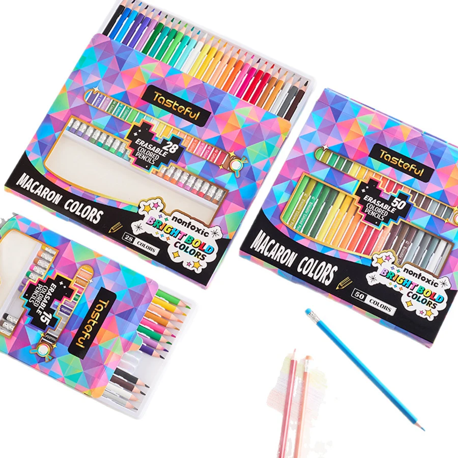 15/28/50 Colors Woodless Erasable Colored Pencils Break-Resistant 3.0mm Thick Core Vibrant Eco-Friendly Pencil Set with Eraser